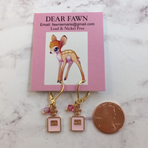 New Tiny Chanel N•5 Pink Perfume Bottle Hypoallergenic Gold Earrings - Picture 7 of 7